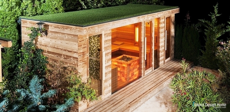  Vonkajší sauna domek zelenou střechou