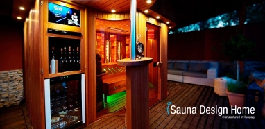 Venkovní sauna s barovým pultem, s barovou ledničkou