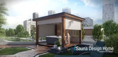 Pergola zipSCREEN se stíněním v bílé barvě Villeroy & Boch s vířivkou Pergola zipSCREEN se stíněním v bílé barvě Villeroy & Boch s vířivkou