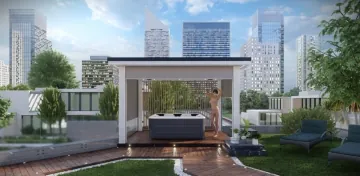 Pergola zipSCREEN se stíněním v bílé barvě Villeroy & Boch s vířivkou Pergola zipSCREEN se stíněním v bílé barvě Villeroy & Boch s vířivkou